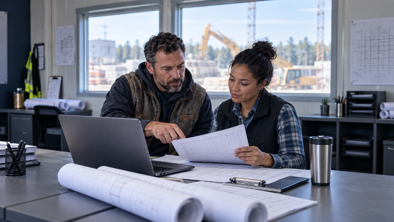 A site supervisor and a project coordinator reviewing timesheets together in a jobsite office